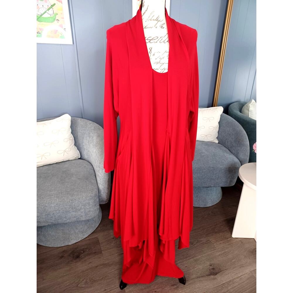 Kedem Sasson Red Cotton Blend Asymmetrical Dress And Top Coat With Side Pockets